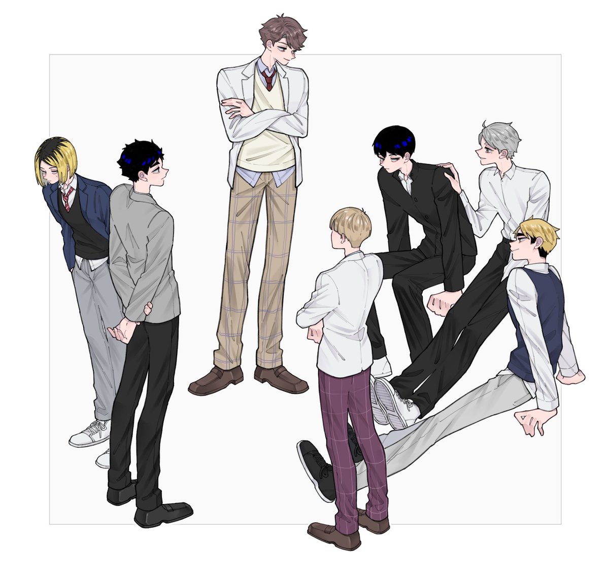 multiple boys pants black hair blonde hair crossed arms jacket shirt  illustration images