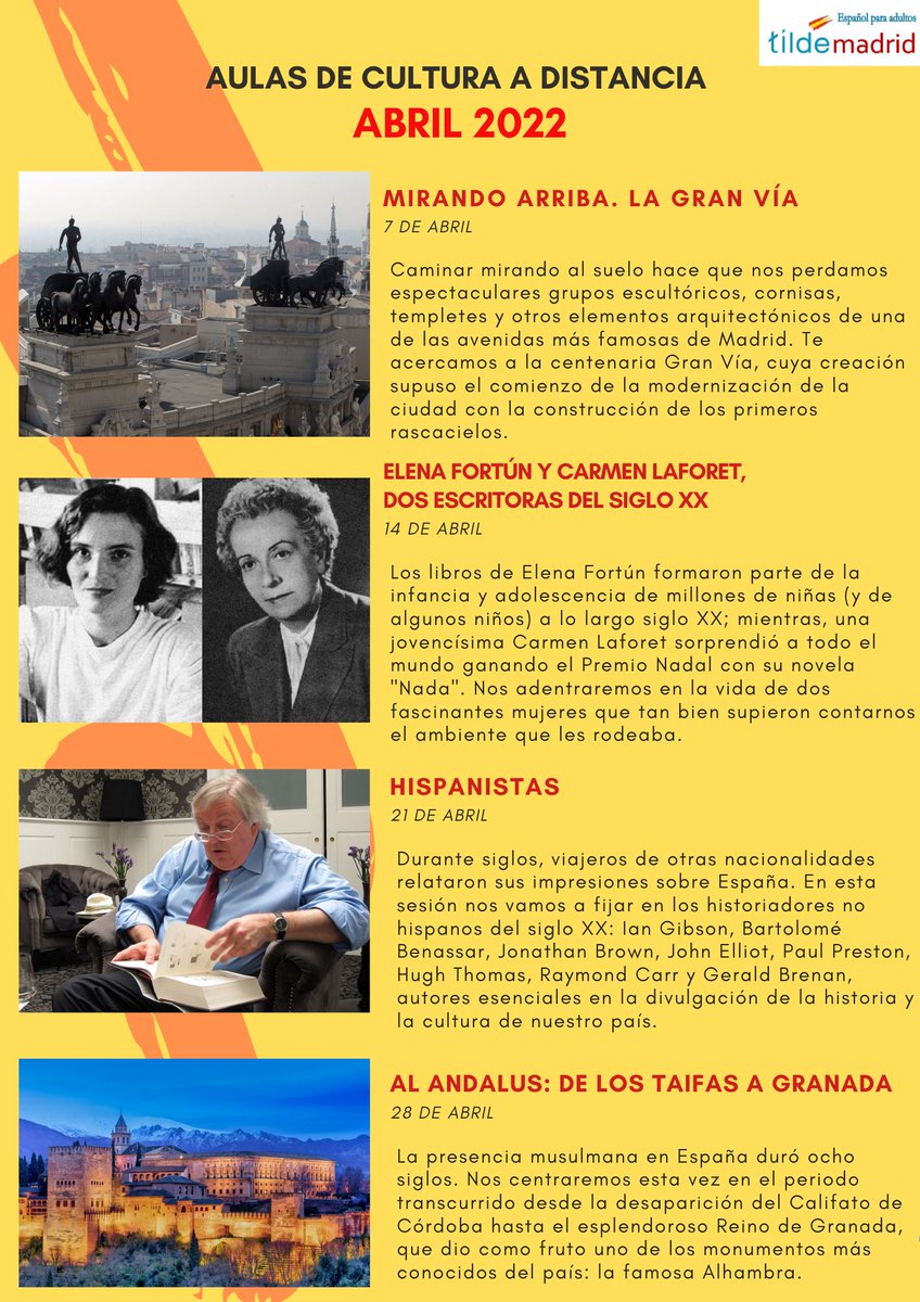 AULAS DE CULTURA PARA APRENDER ESPAÑOL. Un mes más te informamos de que ya están abiertas las plazas para participar en el programa cultural a distancia del mes de ABRIL 2022. Para confirmar tu asistencia u obtener más información, escríbenos a info@tildemadrid.com