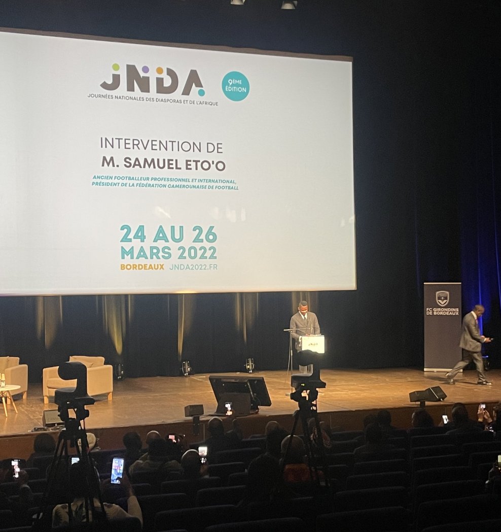 jnda_bordeaux's tweet photo. Intervention de Monsieur @SamuelEtoo, ancien footballeur professionnel et international, Président de la Fédération Camerounaise de football ⚽️ aux #JNDA2022 #Bordeaux #Afrique https://t.co/iUrdfCiuE7
