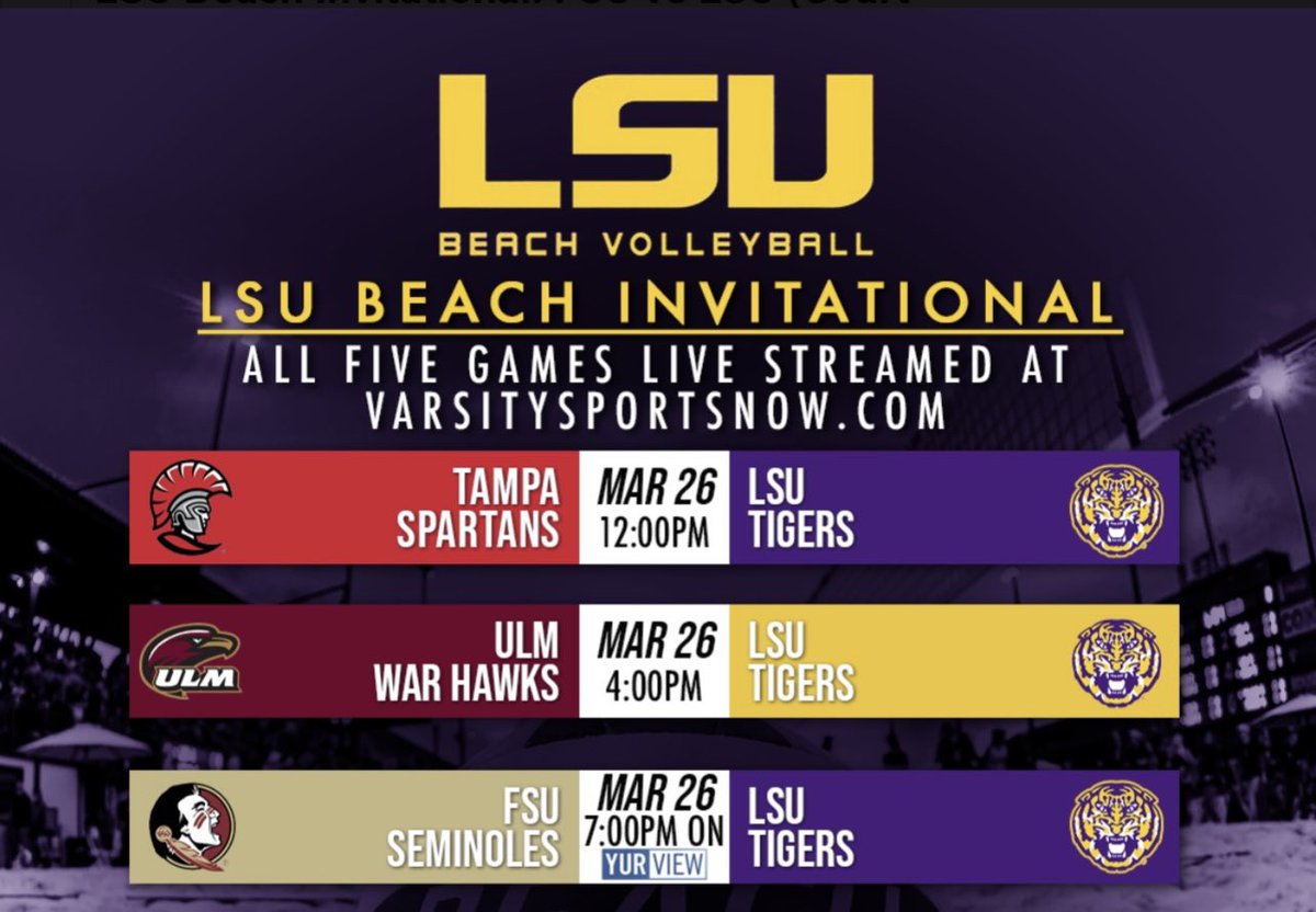 VSNLouisiana's tweet photo. Busiest day EVER for VSN
-3 @LSUBeachVB matches including 7pm TV match vs No.4 FSU
-@LHSAAsports Boys Div I-II Powerlifting State Championships from ULM
-Luke Ford Bayou/River Boys/Girls All Star 🏀 from Nicholls 
-@EHSBRAthletics ⚾️ at Lourauville
Links: https://t.co/Oncxlkgj0G https://t.co/nGZyLSUP5R