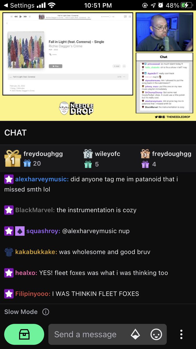 Richiedaggr's tweet photo. This was unreal. @theneedledrop reviewed Fall in Light on Twitch on Thursday. Got a 10/10 for band name 😵‍💫 https://t.co/gAgWNSJ8Jp