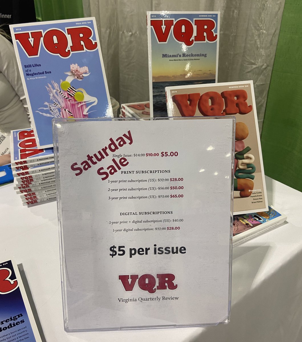 VQR's tweet photo. Stop by our booth in aisle 300 today for discounted issues (just $5!)and subscriptions! https://t.co/UIYxhOHjSa