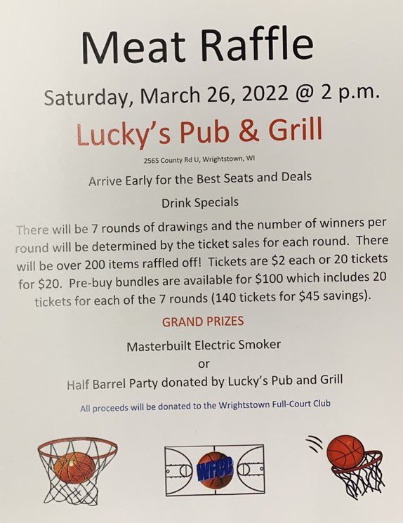 Come on out and support the Wrightstown Full Court Club fundraiser today!  Proceeds help fund scholarships, tournament fees, equipment and more to build up our boys and girls basketball programs.