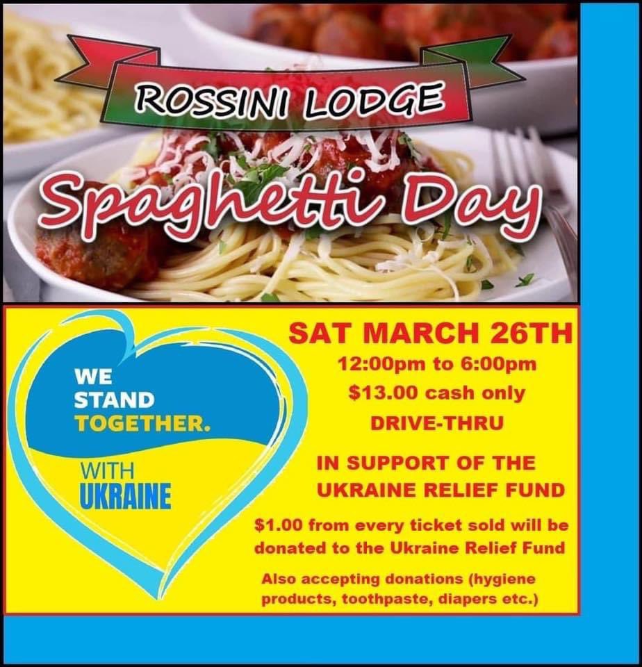 Rossini Lodge is holding their Drive-thru Spaghetti Day where $1 from every order will be donated to the Ukraine Relief Fund. They’re also accepting donations of hygiene products. 

🕛12-6pm
📍140 Grey St
💲13 cash per order
🍝Spaghetti, 3 meatballs a bun &amp; butter 

🇺🇦🇮🇹 #Brant