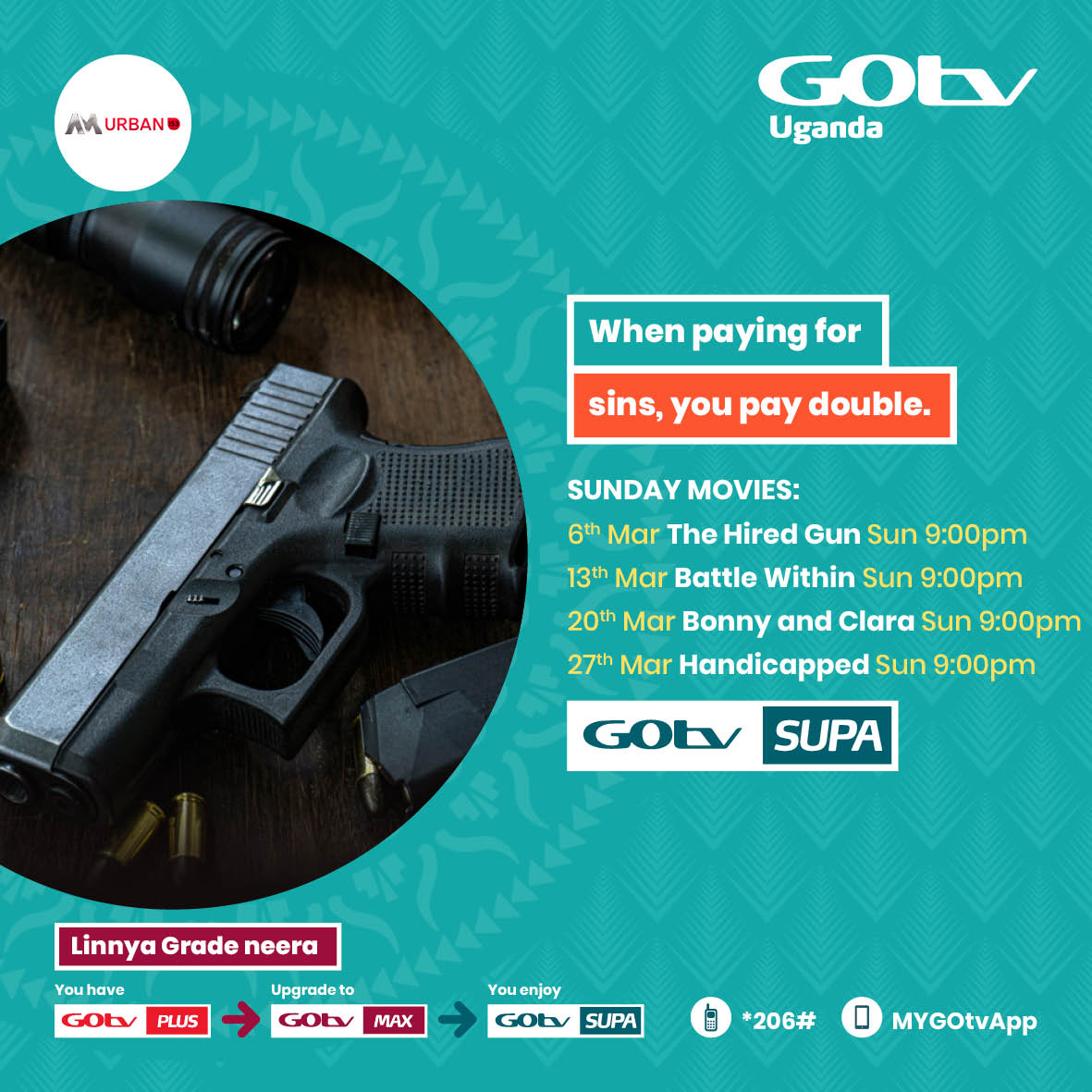 GOtvUganda's tweet photo. Laba weekend action🥊! Watch 🎬Handicapped this Sunday at 9 PM on Africa Magic Urban. #LinnyaGradeNeGOtv to GOtv Max and get GOtv SUPA before the promo ends this Thursday 31st March #StayConnected https://t.co/CXHwBPX5p0