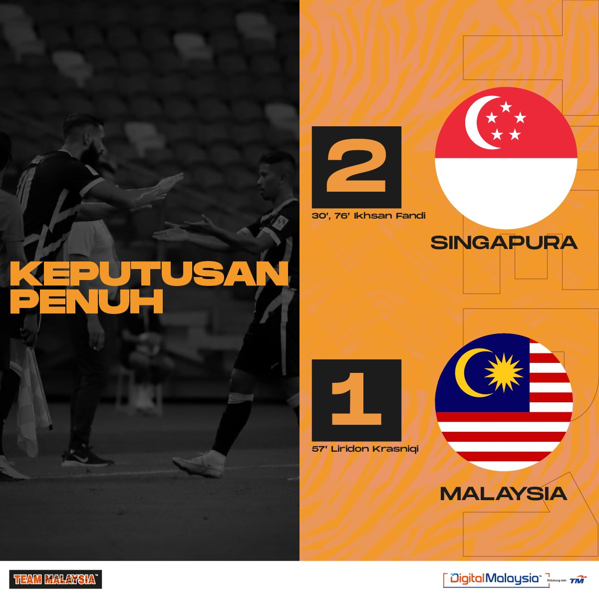 UnifiSports's tweet photo. 2 jaringan Ikhsan Fandi memastikan Singapura 🇸🇬 meraih kemenangan di halaman sendiri.

Gol tunggal #HarimauMalaya hadir menerusi Liridon. Banyak serangan dilakukan di separuh masa kedua tapi kita kurang bernasib baik. #SINvMAS #TriNationsSeries2022 #KamiTeamMalaysia https://t.co/rr3tAP1GAm
