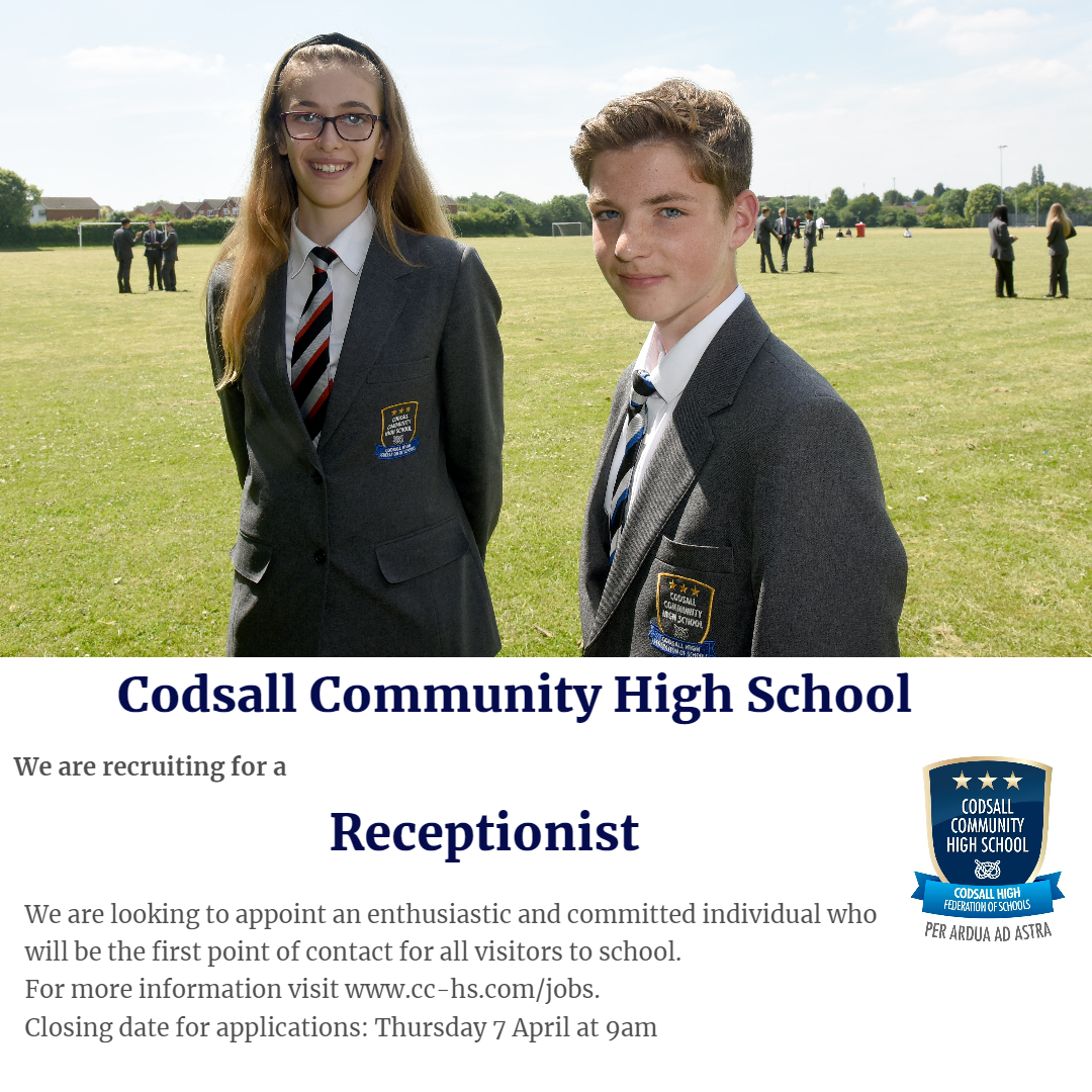 We're currently recruiting for a school receptionist. Closing date is 7th April. For more info and an application form visit cc-hs.com/jobs/