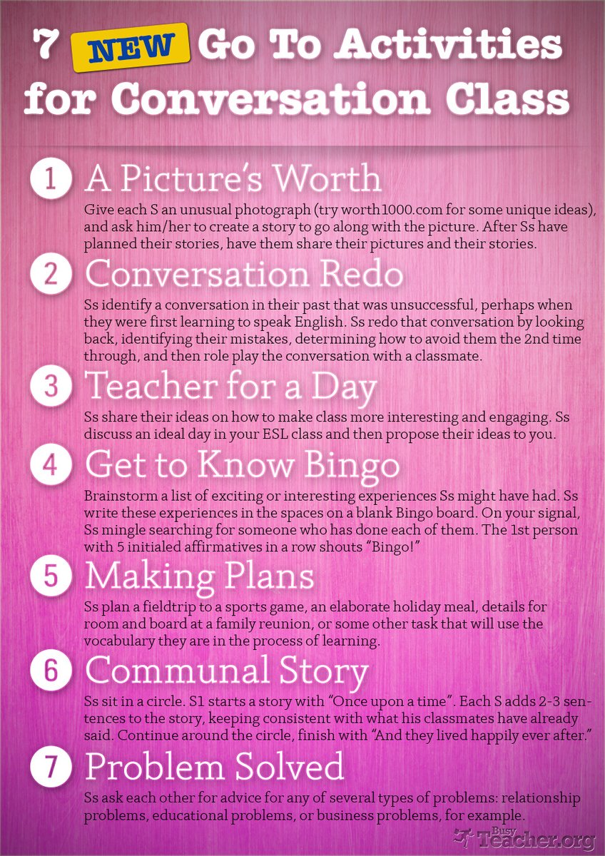 7 Activities for Conversation Class

bit.ly/3D4IvXs 📸<a href="/busyteacher_org/">Busy Teacher</a>
#edchat #learning #teaching