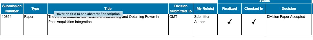 Excited to have my paper accepted by <a href="/AOM_OMT/">OMT Division</a> . Looking forward to my first in-person academic conference!