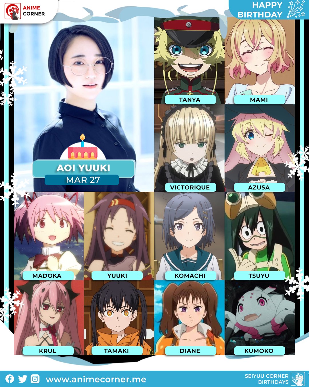 Anime Corner on Twitter: "Happy 30th Birthday Aoi Yuuki! 🥳 Ao-chan is  known for voicing Mami Nanami from Rent a Girlfriend, Tanya Degurechaff  from Saga of Tanya the Evil, Madoka Kaname from