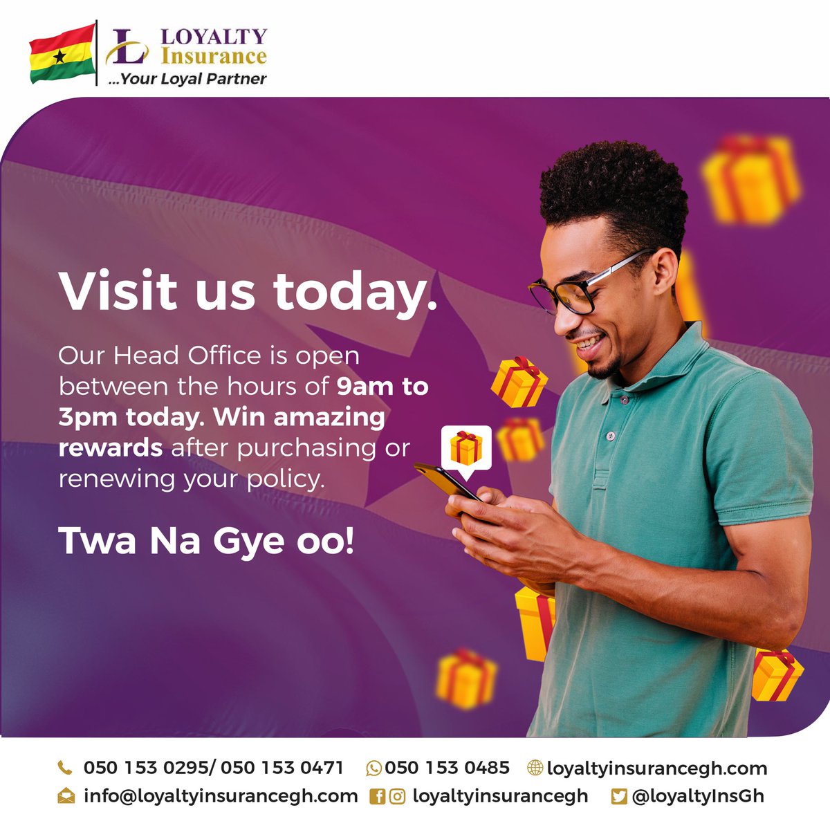 LoyaltyinsGh's tweet photo. Our saturday plans involve you. Visit our head office to buy or renew your insurance today

#loyaltyinsurance #loyaltyforyou #twanagye #saturdayinsurance https://t.co/WKUmmYvrpF