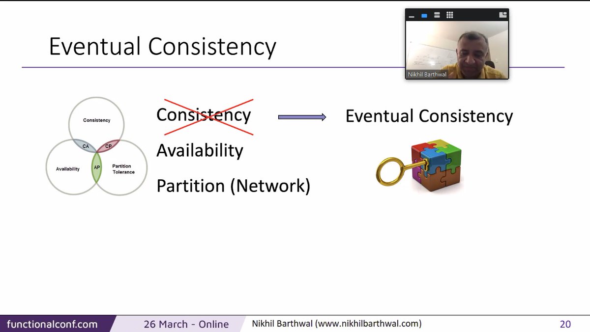 sendhil_csat's tweet photo. The CAP theorem underlines need for eventual consistency. Events and Event sourcing help achieve eventual consistency in the Event driven microservices architecture. @nikhilbarthwal  #FnConf @FnConf https://t.co/NQTLAjedxS