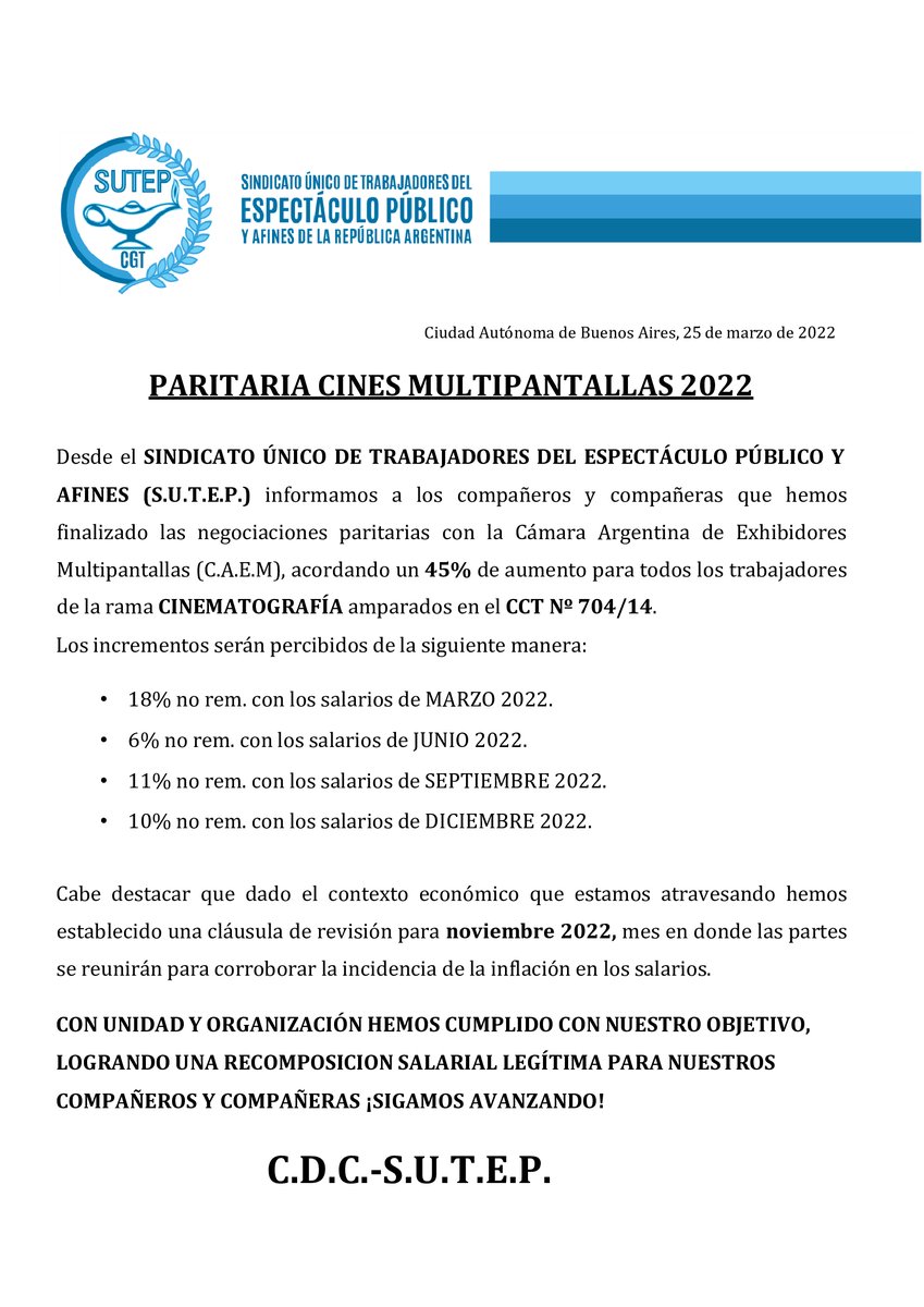 SUTEP_AR's tweet photo. Comunicado oficial SUTEP Espectáculos Públicos: #partitarias trabajadores/as de #Cines #Multipantallas. https://t.co/MS1V49QeQm
