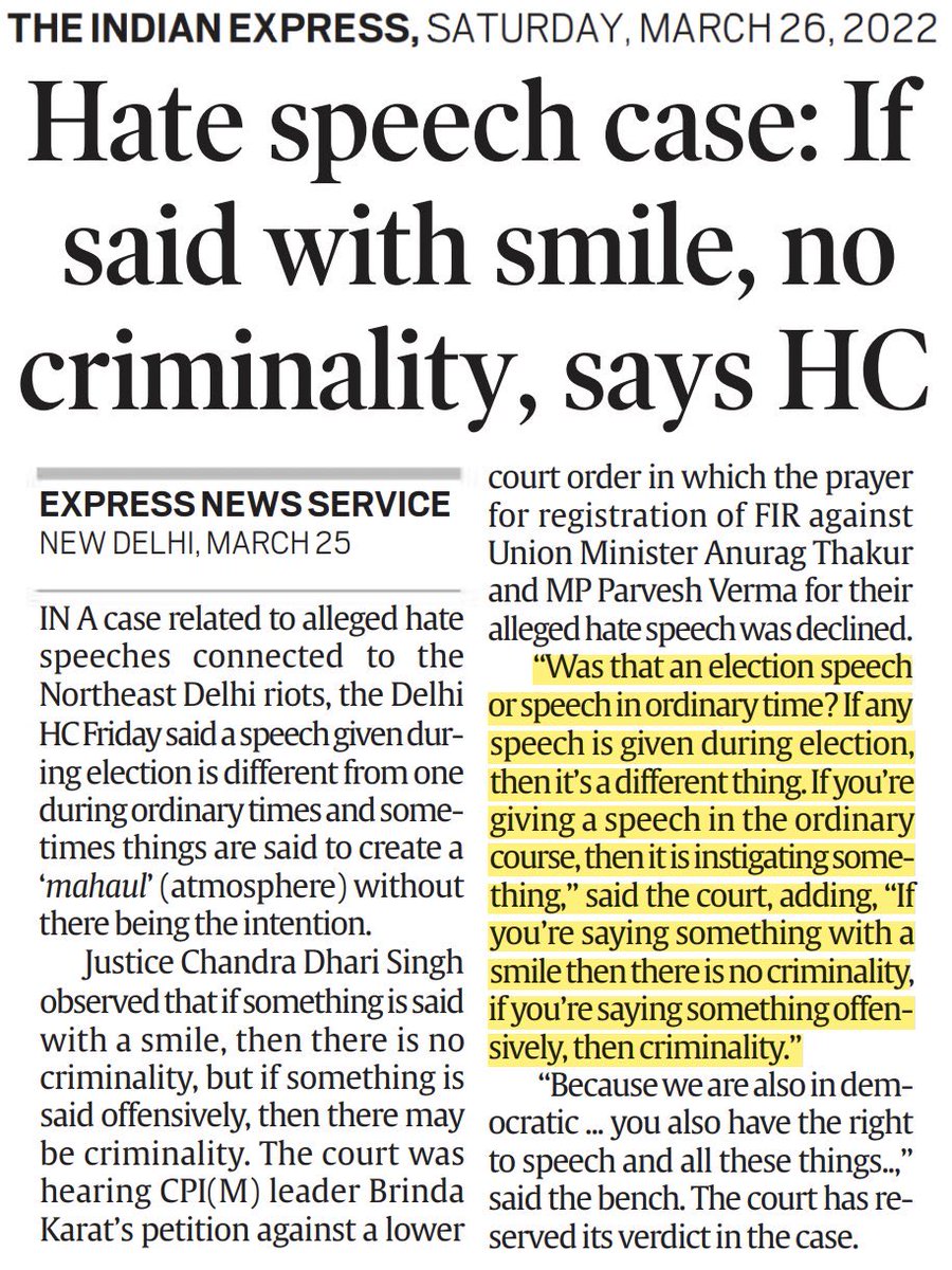 If said with smile 😊 hate becomes love 🤠 This is why @KapilMishra_IND is free today! Just smile and do riots you will not come under hate speech Logic will do suicide today with smiling ☺️ #HighCourts #HateSpeech