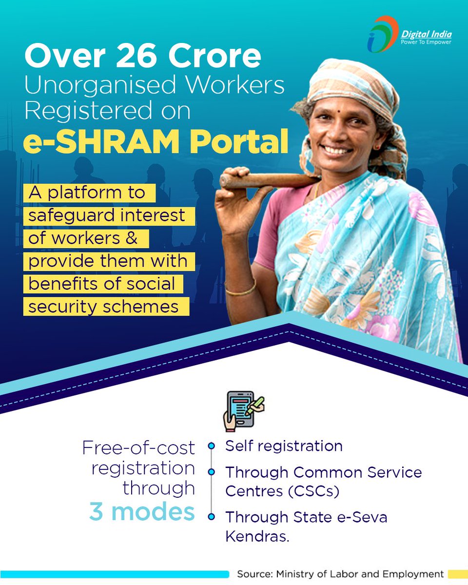 #eSHRAM portal is the first-ever national database of unorganised workers, seeded with #Aadhaar, for optimum realisation of their employability and extending the benefits of social security schemes to them. #DigitalIndia @LabourMinistry @UIDAI @CSCegov_ https://t.co/SKlq1wX5UA