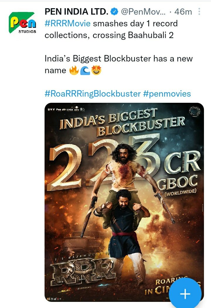 Banagere1981's tweet photo. #Penstudio OFFICIAL DISTRIBUTER OF #RRRMovie HINDI VERSION THAT IT IS SURPASSED BB2 ON DAY 1. https://t.co/58bE9SraPI