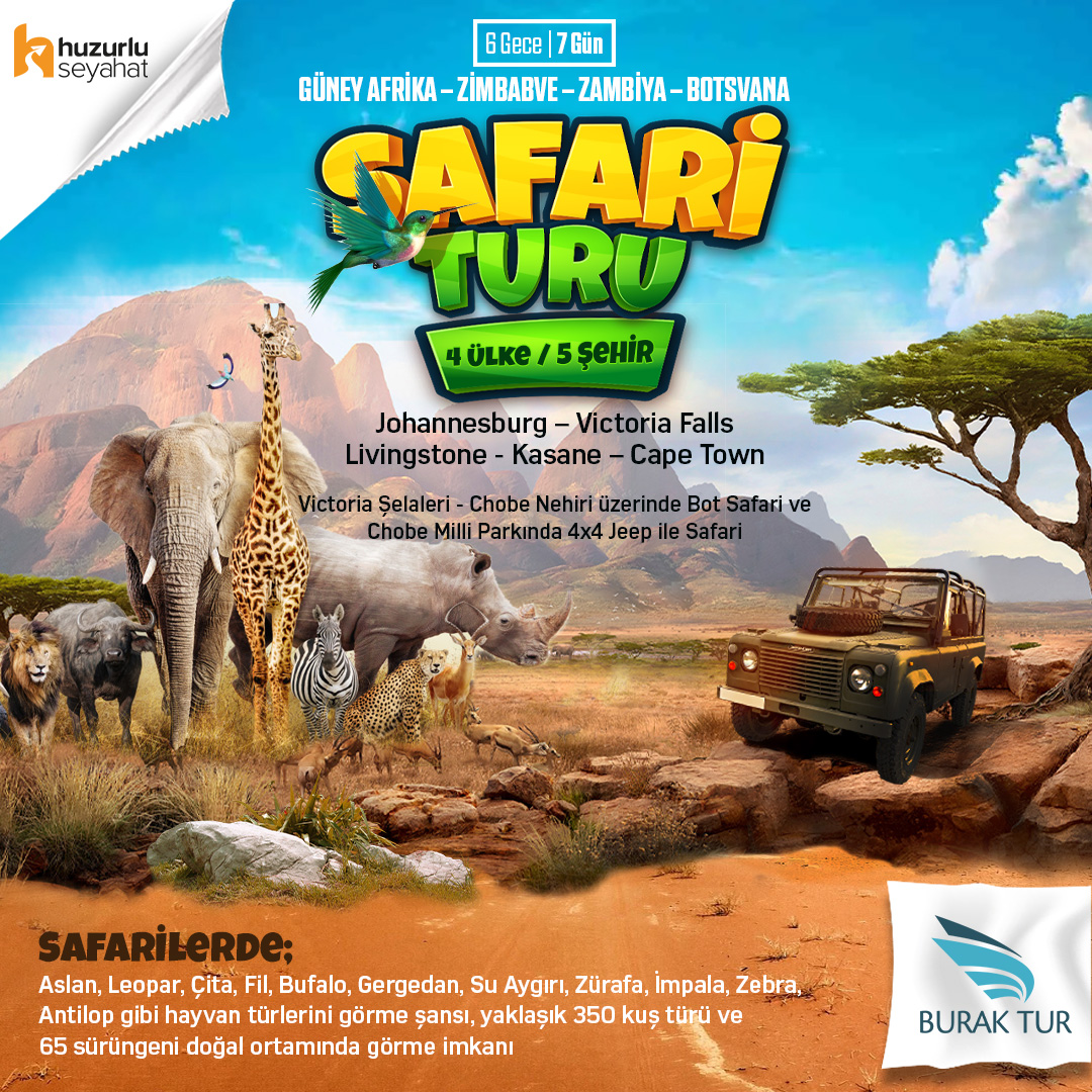 ✈️ Safari Turları (4 Ülke)
🇿🇦 Güney Afrika 🇿🇼 Zimbabve 🇿🇲 Zambiya 🇧🇼 Botsvana
👩🏽‍🌾 Safarilerde 🦁🐆🐘🐃🦏🦛🦒🦓🦌🦜🐊 görme imkanı
🗺️ Johannesburg, Victoria Falls, Livingstone, Kasane, Cape Town
📌 6 Gece / 7 Gün
📆 Mayıs, Kasım, Aralık

buraktur.com/safari-turlari