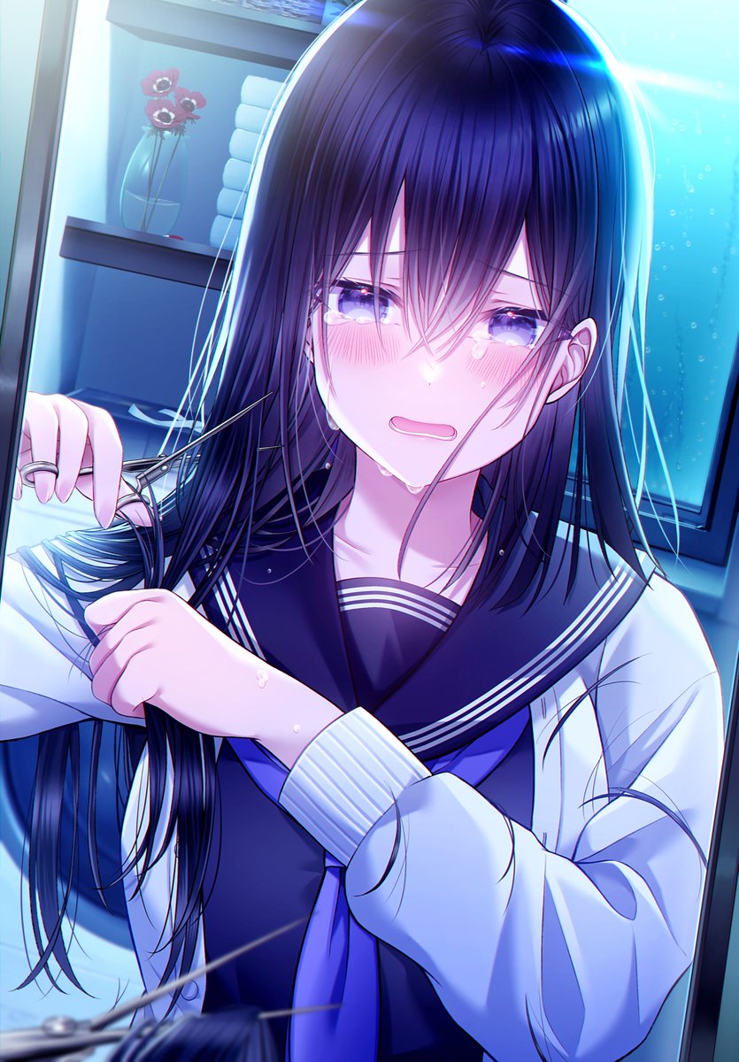 1girl school uniform solo long hair tears crying serafuku  illustration images