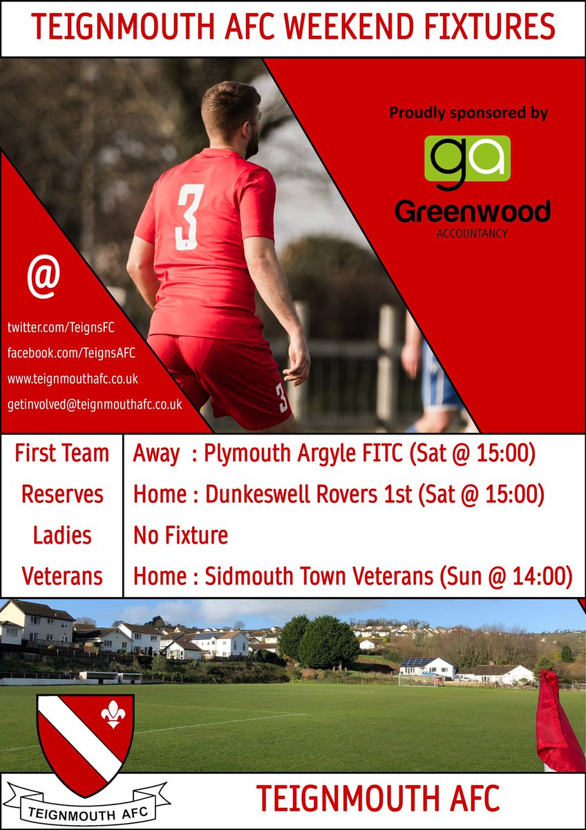 Teignmouth AFC (@teignsfc) on Twitter photo Plenty of Teigns action this weekend !
Firsts head down to take on <a href="/PAFCCommunityTr/">Argyle Trust</a> in the @DFLeague2019 whilst the Reserves host <a href="/dunkeswell_fc/">Dunkeswell Rovers FC</a> at Coombe Valley.
The Vets close out the weekend with a home game against <a href="/SidmouthTownAFC/">Sidmouth Town AFC</a> Vets on Sunday
<a href="/swsportsnews/">South West Sports News</a> <a href="/ClubnetsUK/">Clubnets</a> Plenty of Teigns action this weekend !
Firsts head down to take on <a href="/PAFCCommunityTr/">Argyle Trust</a> in the @DFLeague2019 whilst the Reserves host <a href="/dunkeswell_fc/">Dunkeswell Rovers FC</a> at Coombe Valley.
The Vets close out the weekend with a home game against <a href="/SidmouthTownAFC/">Sidmouth Town AFC</a> Vets on Sunday
<a href="/swsportsnews/">South West Sports News</a> <a href="/ClubnetsUK/">Clubnets</a>