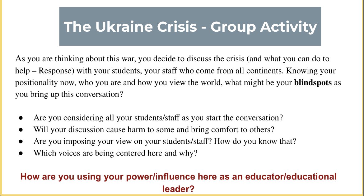DolineNdorimana's tweet image. Before discussing the #Ukraine crisis with your students, it’s important to think of your own positionality and how you view the world. Here’s some guiding questions that might help! #ISLLoft