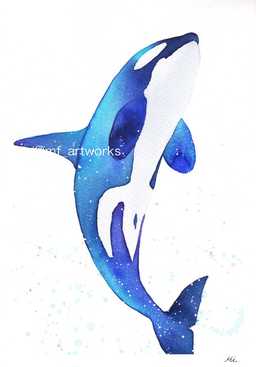 シャチ シャチの体の部分で水と青の絵の具の美しさを表現してみました