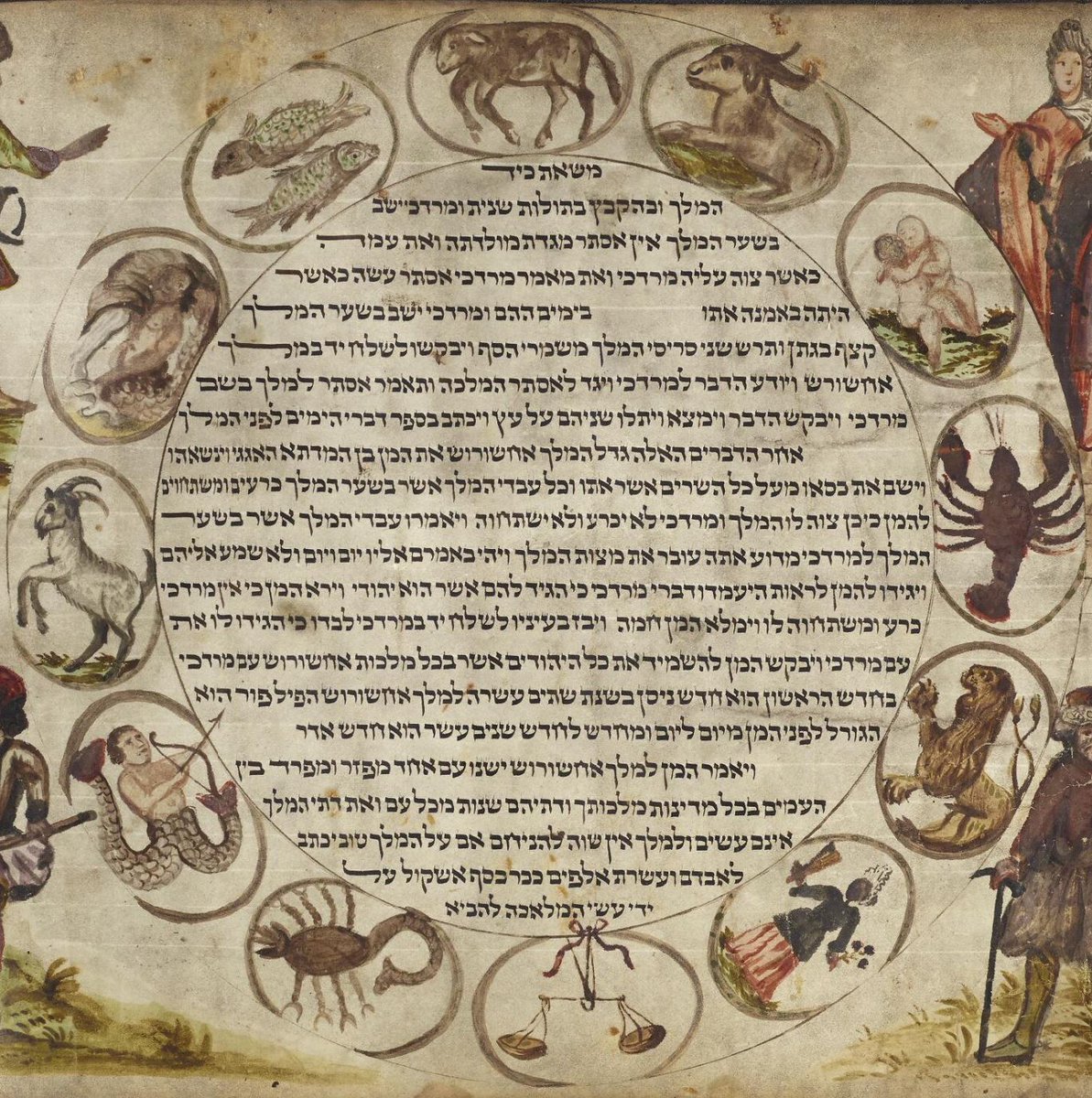 You also find illustrated Esther scrolls among the new items. This one, probably from 18th-century Austria (spot the two-headed eagle!) includes not only biblical illustrations but also the 12 zodiac signs and an array of birds and flowers. digitalcollections.manchester.ac.uk/view/MS-HEBREW…