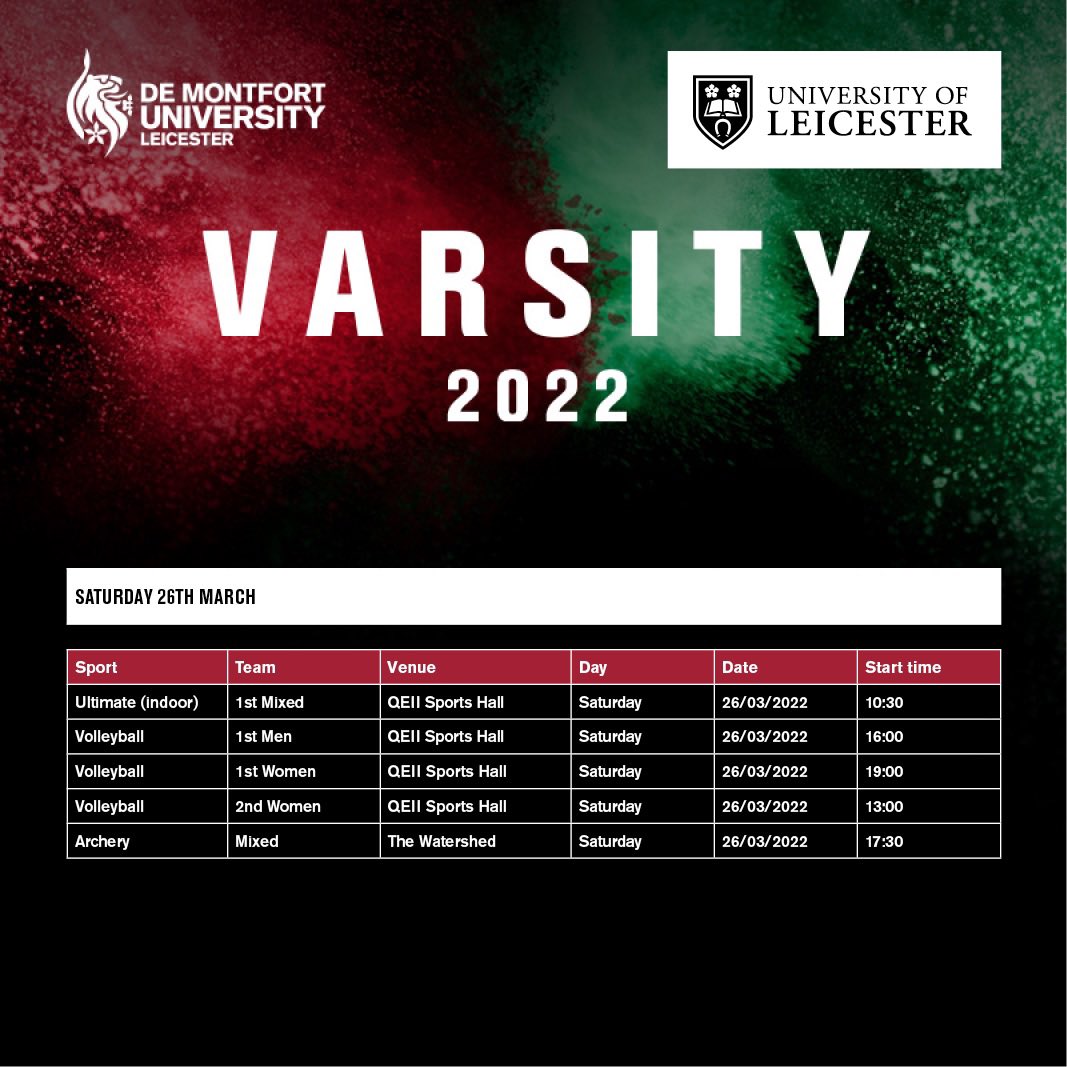 Varsity Fixtures - Day 5️⃣ | Today we have the <a href="/JestersUltimate/">Jesters Ultimate</a> kicking us off in the early morning fixture!

Followed by 3️⃣ back to back <a href="/UoLVC/">UoL Volleyball</a> games with <a href="/UoLArchery/">UoL Archery</a> competing alongside them this evening! 

Let’s go <a href="/uniofleicester/">University of Leicester</a> 🙌🏆

#Varsity2022 #OneCityTwoTeams #FearLeics