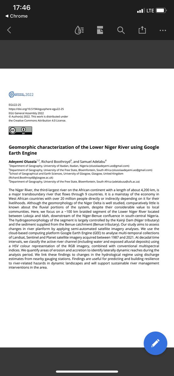 olusolayemi's tweet photo. Interested in #largerivers? Then join session 5.1 at the forthcoming #EGU 2022 where Iโll be presenting with co-authors @rjboothroyd and @oyesams08 on the geomorphic characterization of the #niger #river using #GEE @EuroGeosciences @EGU_GM @NigerRiverWatch https://t.co/eULXd4Pp8h