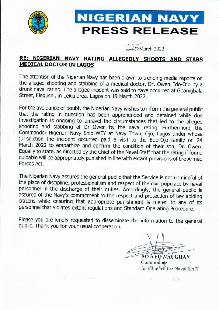 Justice4drowen's tweet photo. Update
(A Thread)

The Nigerian Navy has issued an official statement acknowledging the horrific incident (multiple stabbing and shooting of Dr. Owen) on March 19 2022; and also confirming the arrest/detention of an unnamed Naval rating, with a promise that the officer will (1/3) https://t.co/8uoEEv3wUe