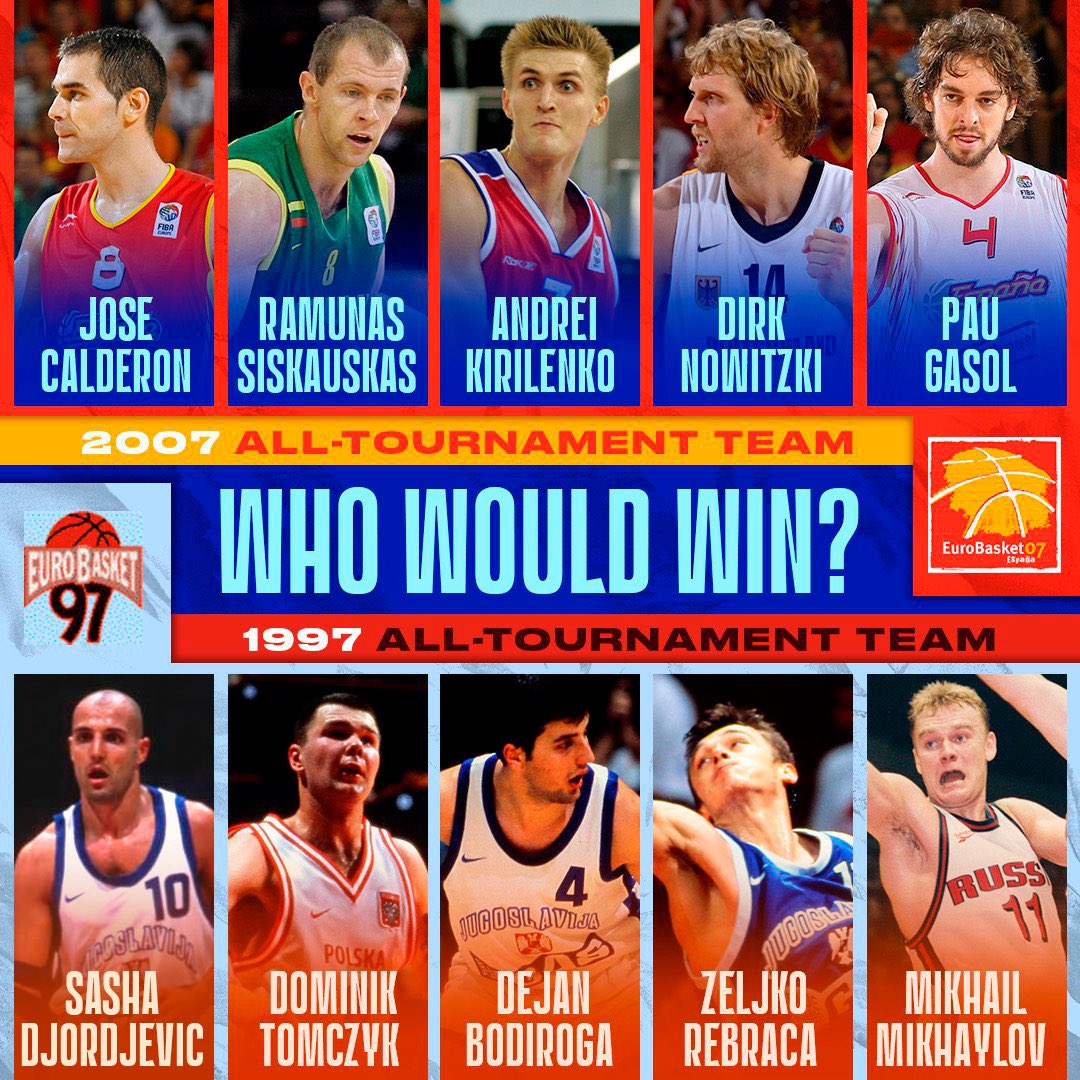 EuroBasket's tweet photo. We’ll need some hoops veterans to chip in here.

#EuroBasket 2007 ⚔️ 1997. Which side are you taking? 🤓💬 https://t.co/df3fuDUZSz