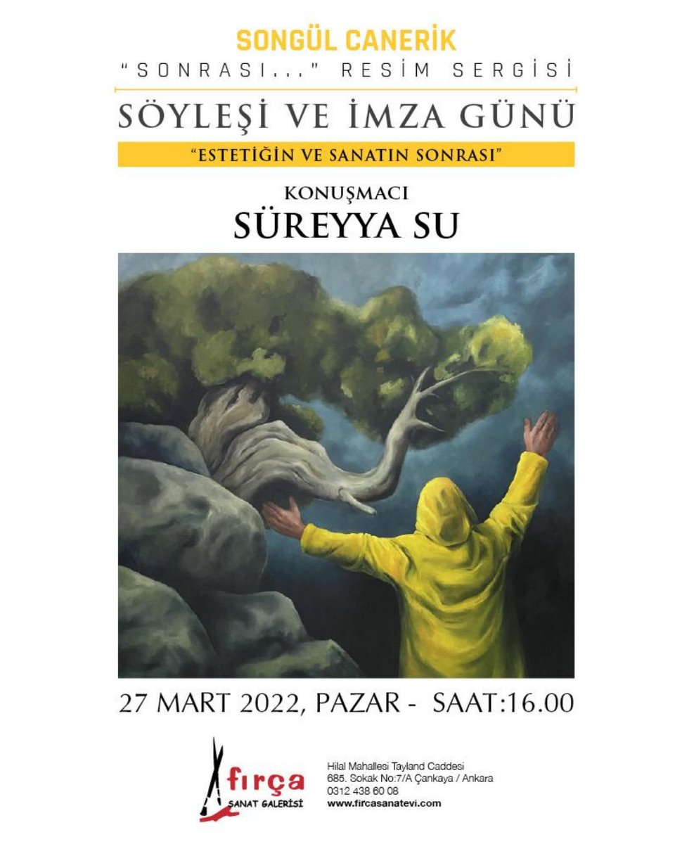 Songül Canerik "Sonrası..." Resim Sergisi Söyleşi ve İmza Günü:

 Süreyya Su, 27 Mart Pazar 16.00'da Ankara Fırça sanat Galerisi'nde "Estetiğin ve Sanatın Sonrası" konulu söyleşisinin ardından "Güzelin ve Çirkinin Ötesinde:

agonsanat.com/soylesi-ve-imz…