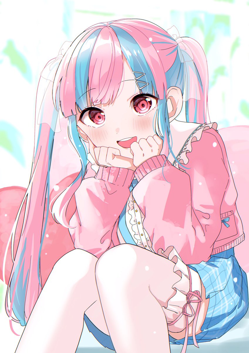 1girl pink hair solo thighhighs twintails blue hair sitting  illustration images