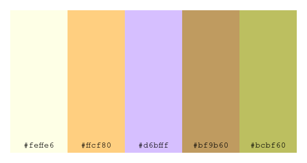 ColPaletteBot's tweet photo. Beep beep, here's a pretty color palette for you!
color-scheme.js parameters used:
- hue: 273
- variation: light
- colors: #feffe6, #ffcf80, #d6bfff, #bf9b60, #bcbf60
Have a lovely day!
#twitterbot #colorpalette #colors #palette #prettycolors https://t.co/wE5LYtTfNY