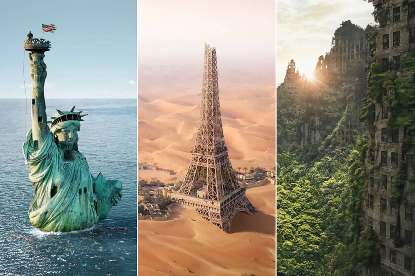 magnet_es's tweet photo. Un artista está imaginando cómo sería el mundo tras el cambio climático. Las fotografías son desoladoras: dos ballenas nadando sobre el Arco del Triunfo, el Coliseo de Roma enterrado en la arena o un Chicago abandonado e invadido por árboles. https://t.co/mn2U9GPbJm https://t.co/swal0UOyy6