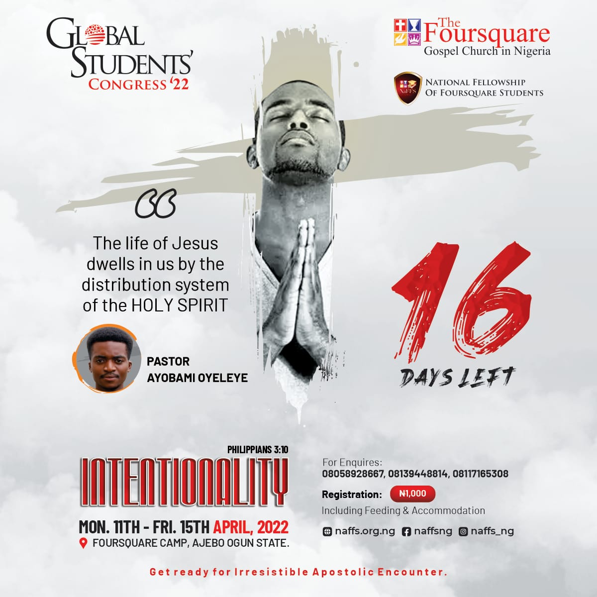 It is 16 days to GSC '22! 🔥 Join us from Monday, 11th - Friday, 15th April, 2022 at Foursquare Camp, Ajebo as we fellowship together! Registration covers feeding and accommodation. Register via naffs.org.ng We are prepared to have you! #GSC2022 #Intentionality