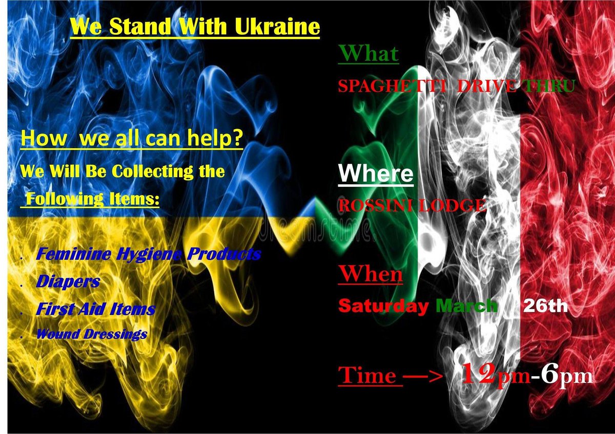 PriorVincenzo's tweet photo. Fundraiser for Ukraine! Stop by Rossini Lodge between noon -6:00pm for a Pasta meal, a portion of proceeds will be going to support those in Ukraine. Also, we will be collecting first aid items, bring them to the Ukrainian church in Waterford, who will send the items to Ukraine. https://t.co/uHaAiqoyWE