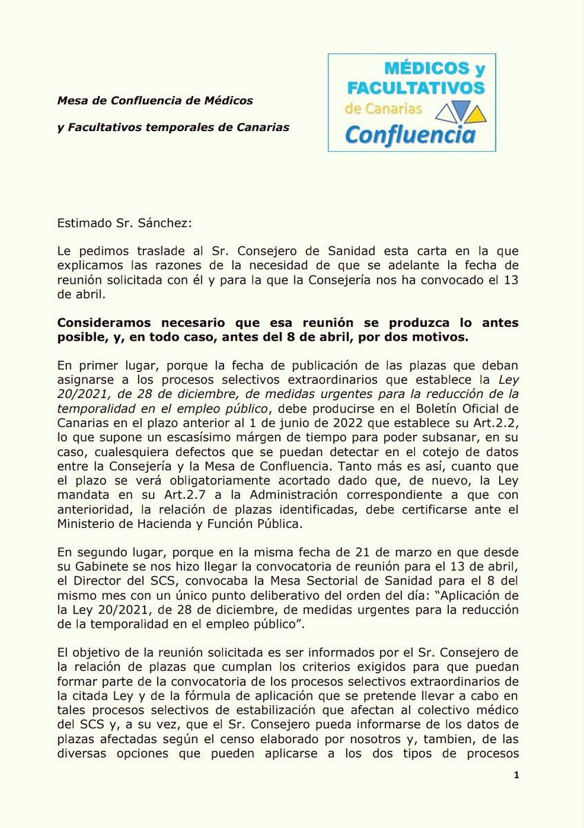 MedicosCanarias's tweet photo. Después de mes y medio de solicitud de reunión, 3 cartas enviadas a @SanidadGobCan y la intervención directa del Sr. Yanes @diputacioncomun, el Consejero #BlasTrujillo nos emplaza el 13 de abril. No puede ser. Ha de ser antes. En esta 4ª carta explicamos por qué Sr. @avtorresp https://t.co/ipQdtan6N6