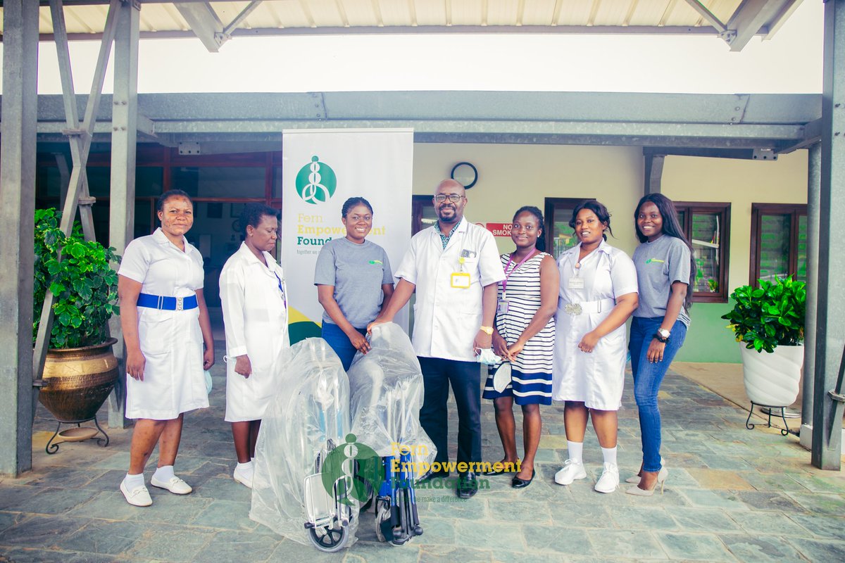 fefghana's tweet photo. Fern Empowerment Foundation (FEF), an NGO focused on the welfare and education of children, has donated two wheelchairs to the Shai Osoduku District Hospital in Dodowa to aid in the medical care of its patients. We were received by the Medical Superintendent, Dr Kennedy Brightson https://t.co/EkfZl8LSIy