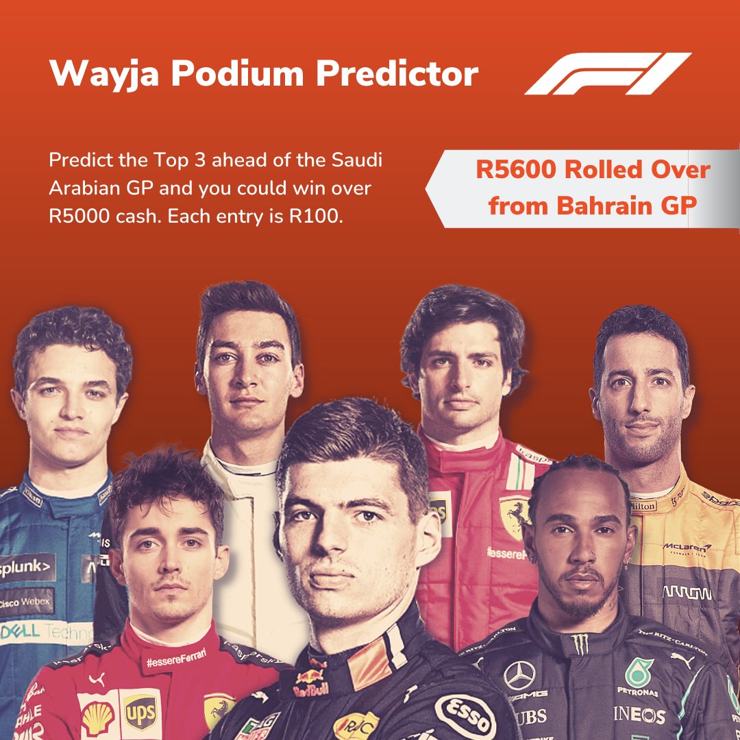 LetsWayja's tweet photo. No winners last week, so this week's #F1 predictor starts at R5600!
Come predict the podium on Wayja and if you get it right, you'll win yourself a couple thousand rand this weekend!
Enter here: https://t.co/0UZh09xKCl
#LetsWayja https://t.co/5bm8PBj3sp