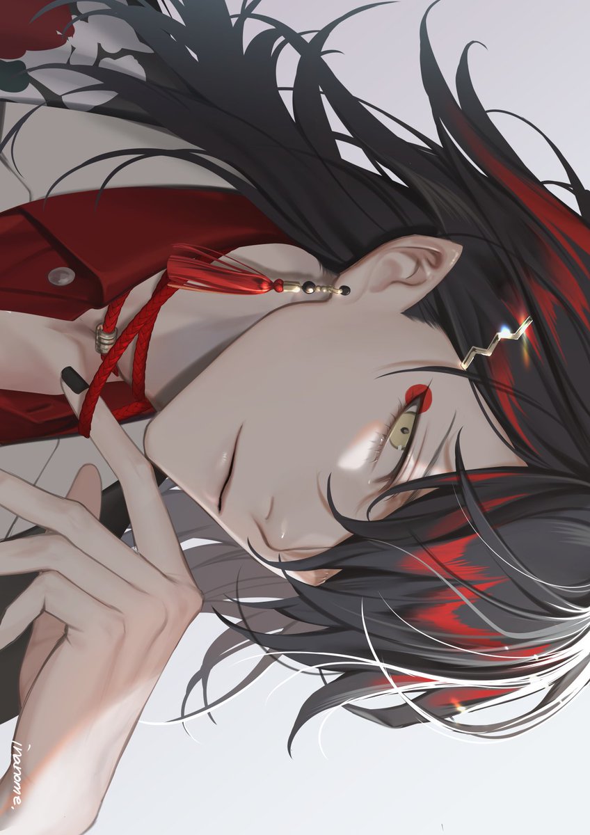 1boy male focus solo black hair red hair jewelry earrings  illustration images