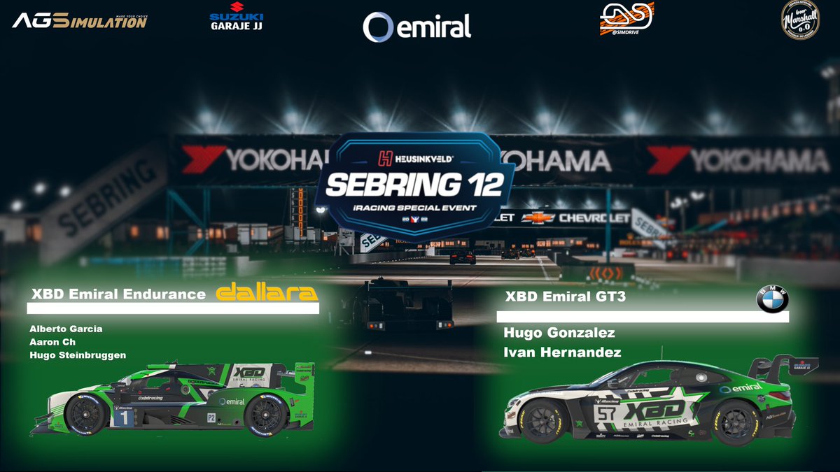 ¡En breve comienzan las #12hsebring <a href="/iRacing/">iRacing</a>!

Esta edición llevaremos dos unidades, un lmp2 y un GT3.

LMP2
👤 <a href="/alberto_g85/">Alberto García</a>
👤 <a href="/A_Ch_27/">Aaron Ch</a>
👤 <a href="/Hugo_Stein1/">Hugo Stein</a>

GT3
👤 @hyperz_5
👤 @HugoGlez_0407 (ahora sí 🤣)

¡Disfruten del evento chicos! #GreenPoeer #GoXBD