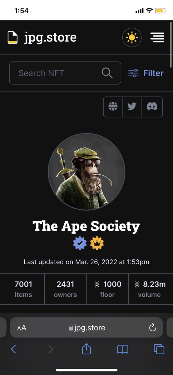 issvagg1's tweet photo. It’s official. 1000 Ada floor price for @the_ape_society Mint price was 99 Ada, less than 2 months ago. Easy 10x minimum. And staking, token airdrop coming next days and many many more. Blue chip #nft on the making. 
#cnft #ADA #cnftproject https://t.co/nS7ljwUtXM