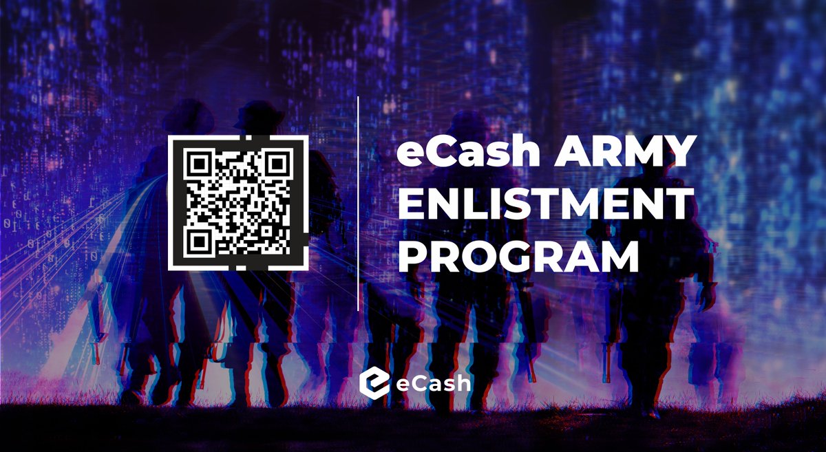 eCash's tweet photo. 📣 #eCashArmy Enlistment Program 🚀

💙 Community program
🎖 Ranks
🎁 Rewards
and much more!

Accomplish epic campaign missions &amp; earn rewards! Oorah!

Fill out the form below &amp; get involved! 😉
🔗 https://t.co/5b3Wr0nIXu

#XEC #eCash #Crypto https://t.co/eLX3XJCtRE