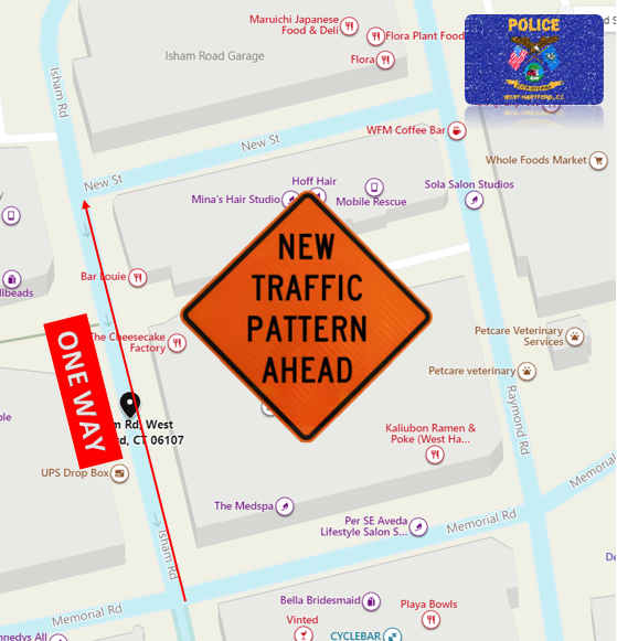 WestHartfordPD's tweet photo. ****NEW TRAFFIC PATTERN****
Please be advised on Monday, 03/28/2022, the traffic pattern on Isham Road will be changed to One Way Northbound from Memorial Road, ending at New Street. https://t.co/QLeV0diZZ3