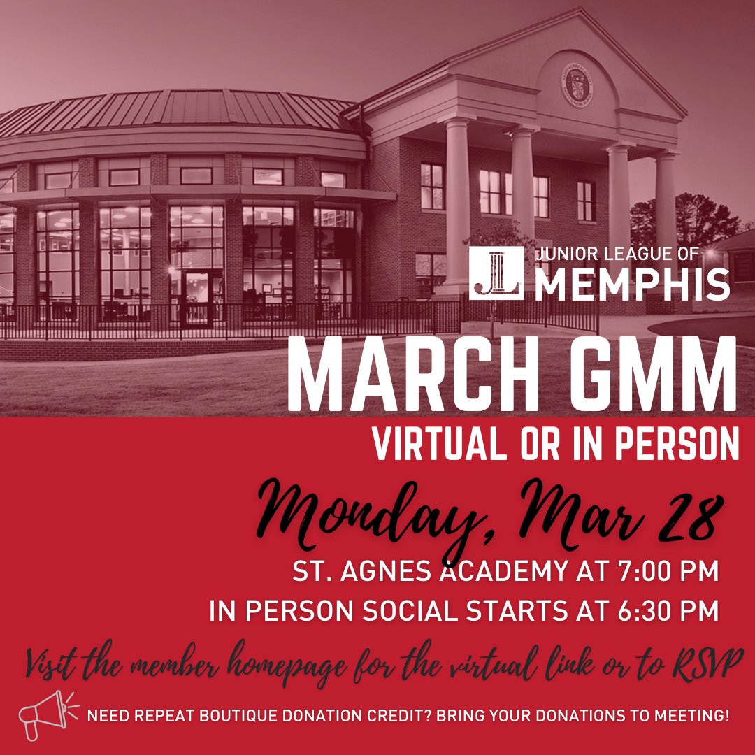Join us on Monday, March 28 for our GMM!  This will also be an opportunity to bring those Spring cleaning items you’ve been meaning to take to the RB.  

#JLMemphis #GMM