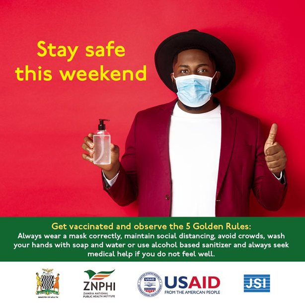 ZMPublicHealth's tweet photo. Heading out this weekend? Remember to protect yourself and others; Stop the spread of #COVID19

Wear a face mask, covering both your mouth and nose at all times. Carry your hand sanitizer or regularly wash your hands with soap and water. 

#5GoldenRules #KeepSafe https://t.co/g93lKjeLBW