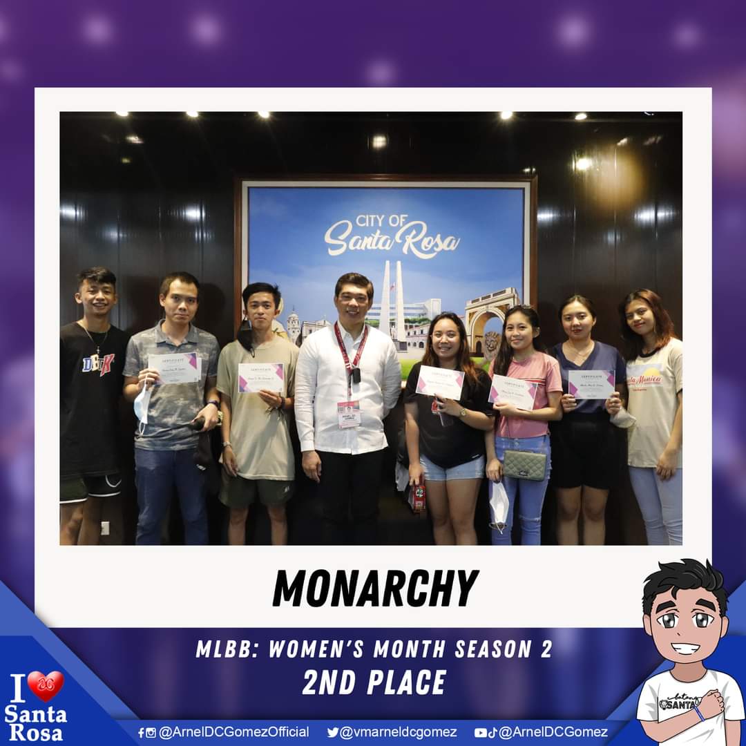 VMArnelDCGomez's tweet photo. Pagbati po sa ating mga #BatangSantaRosa na #AngatangGaling sa ating ginanap na MLBB: WOMEN'S MONTH EDITION SEASON 2. 

Maraming salamat po sa lahat ng nakiisa at sumuporta sa atin!

Muli, CONGRATULATIONS po sa inyong lahat!

#iLoveSantaRosa 
#MAGkaisa #MayorArnelGomez https://t.co/9jy5c4hTlI