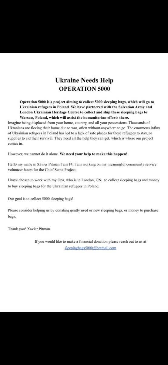 Pitmanme's tweet photo. Good morning!!! #operation5000 has a drop off running this afternoon 1-3pm at Kortright Preb. church. Bring your new or gently used sleeping bags to be sent over to Warsaw, Poland for those that need it most!
#27thGuelph #StandWithUkraine https://t.co/uWiODR0hir
