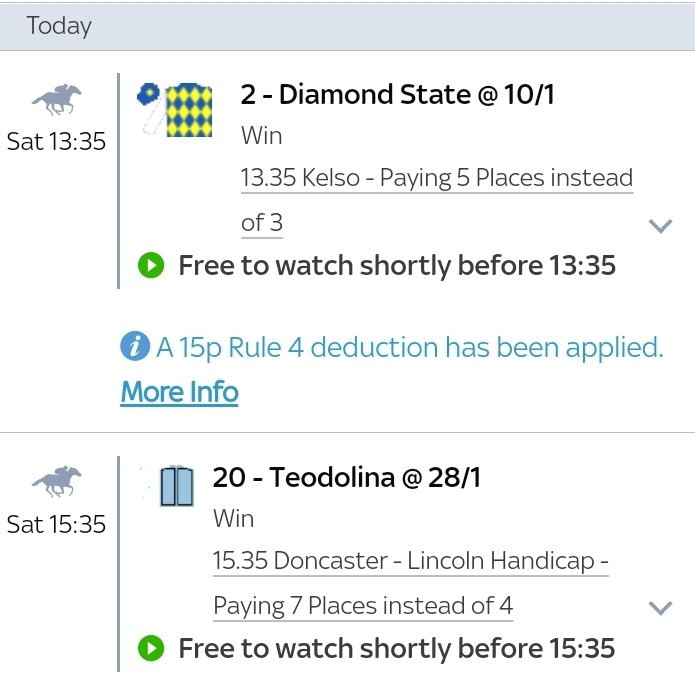 ExtraPlacePunts's tweet image. No winning bet yesterday but there was an 11/2 winner in amongst my three selections.

On to today where there are 7 places available with #skybet in the Lincoln at Doncaster.

EW double today which I placed earlier this morning, both selections have shortened now.