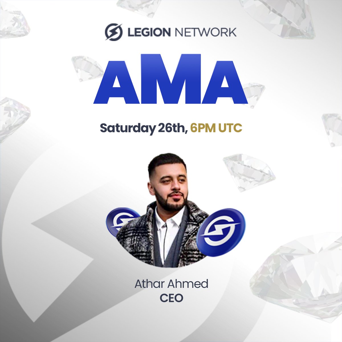 ⚡💎 *OFFICIAL LEGION NETWORK AMA* 💎⚡

📅: Saturday 26th March
⌚: 6PM UTC
📍: zoom.us/j/97032527038

You do not want to miss this...
See you there 🌍⚡